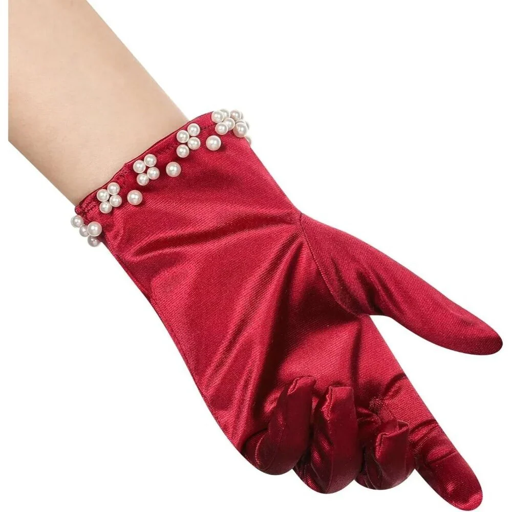Women's Burgundy Satin Pearl Short Length Gloves Wedding Banquet Party Prom